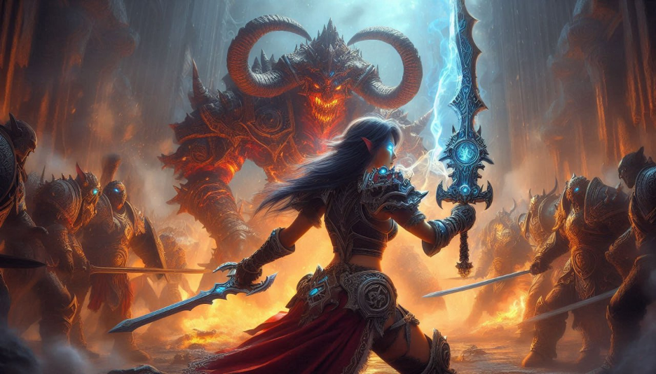 Epic battle scene with a warrior facing a demon lord