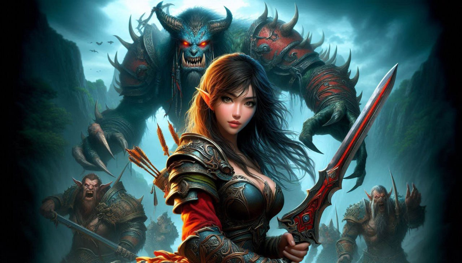 Female warrior with sword and armor facing a monster